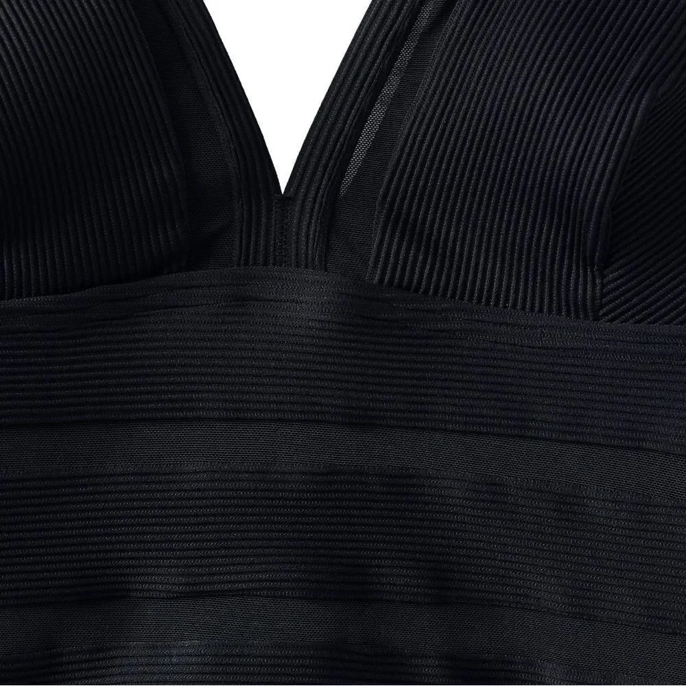Land's End one piece Plunge swimsuit mesh ribbed Textured high leg Black Var - Picture 11 of 13